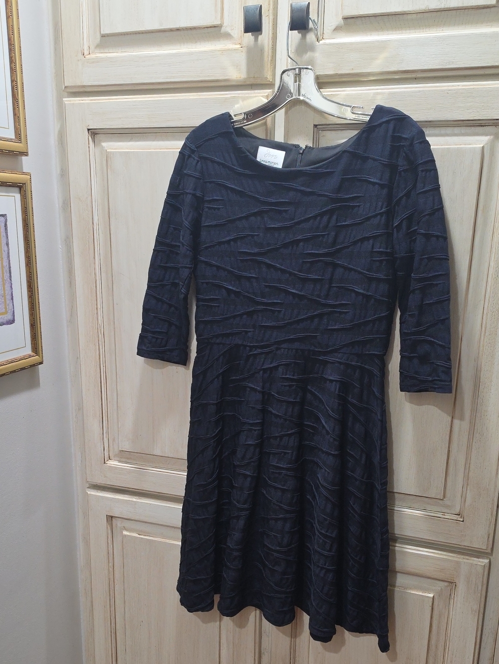 Donna Morgan Navy Textured 3/4 Sleeve Fit-and-Flare Dress EUC